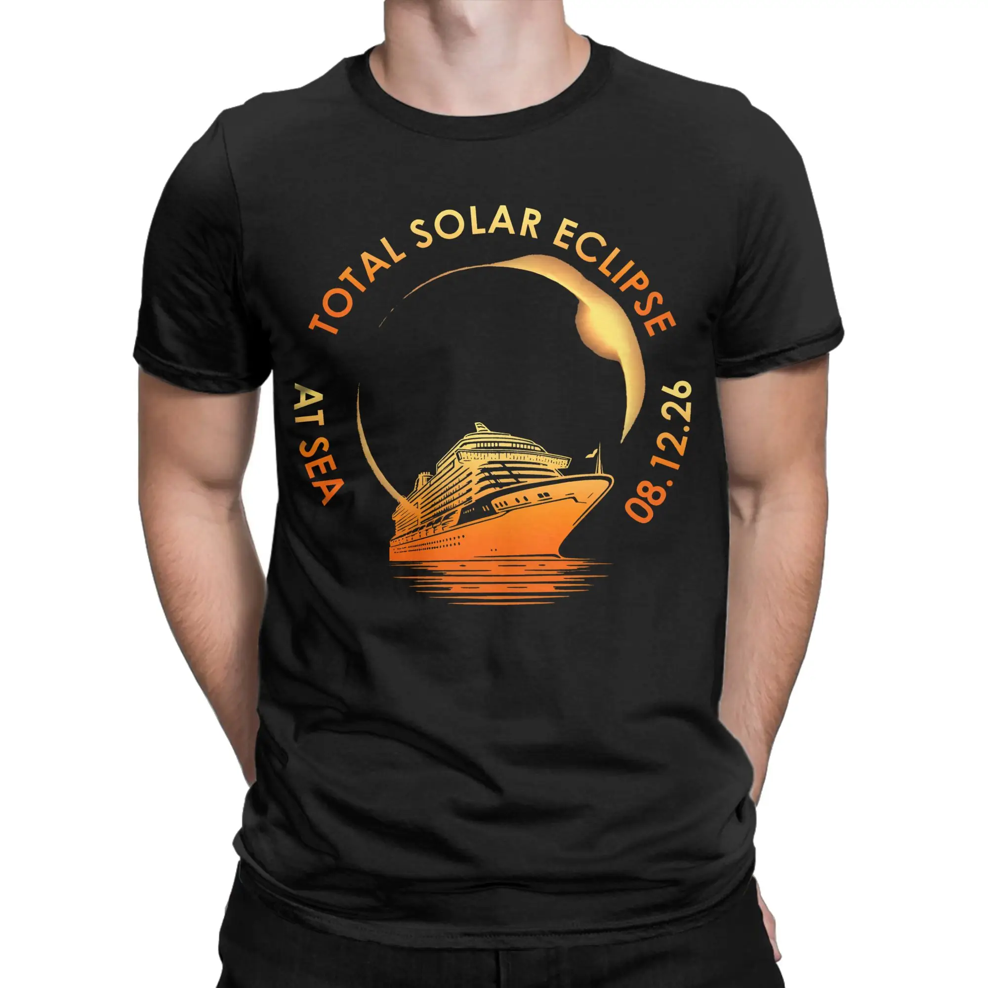 Vintage Total Solar Eclipse At Sea 2026 Cruise Spain Iceland Tshirts Men O-neck Short Sleeve Top Tee  Cotton Summer TopsTops