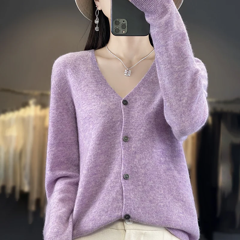 Autumn Winter Women New 100% Merino Wool Sweater V-neck Solid Knitted Cardigan Casual Thick Jacket Loose Soft Knitwear