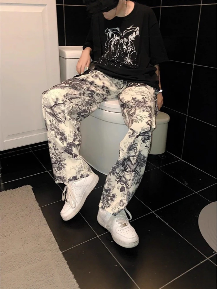 

Американский стиль, уличный стиль, свободный принт, свободный темный стиль, Харадзюку, винтажные прямые брюки-трубы, модные брюки унисекс в стиле ретро Y2K