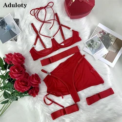 Aduloty Women Lingerie Fashion Bra Straps Cross Hanging Neck Sexy Mesh Half Skirt Hollow Perspective Out Erotic Underwear Set