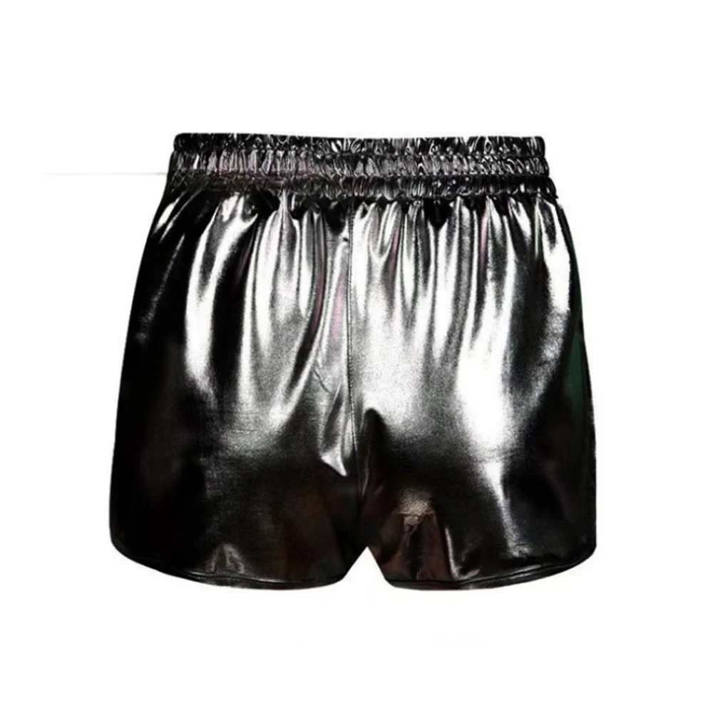 Girl Faux PU Leather High Waist Side Ruched Shorts Women\'s Shiny Metallic Bodycon Shorts Bottom