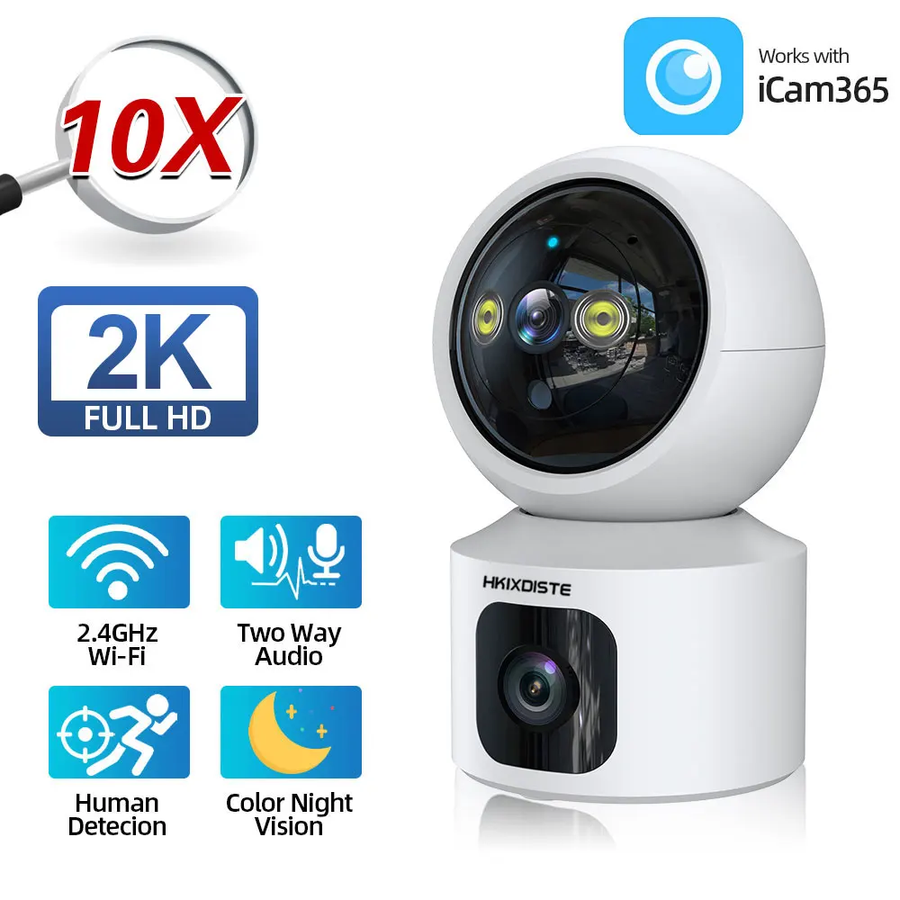 

4-мегапиксельная камера видеонаблюдения с двойным объективом, 10-кратным увеличением, Wi-Fi, PTZ, беспроводная домашняя камера видеонаблюдения, цветное ночное видение, автоматическое отслеживание, iCam365