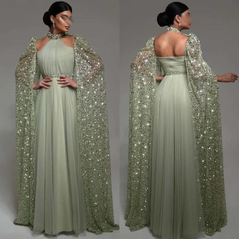 

Customized Fashion Classic Chiffon Sequined Pleat Straight High Collar Long Dresses Bespoke Occasion Dresses Modern Style Retro