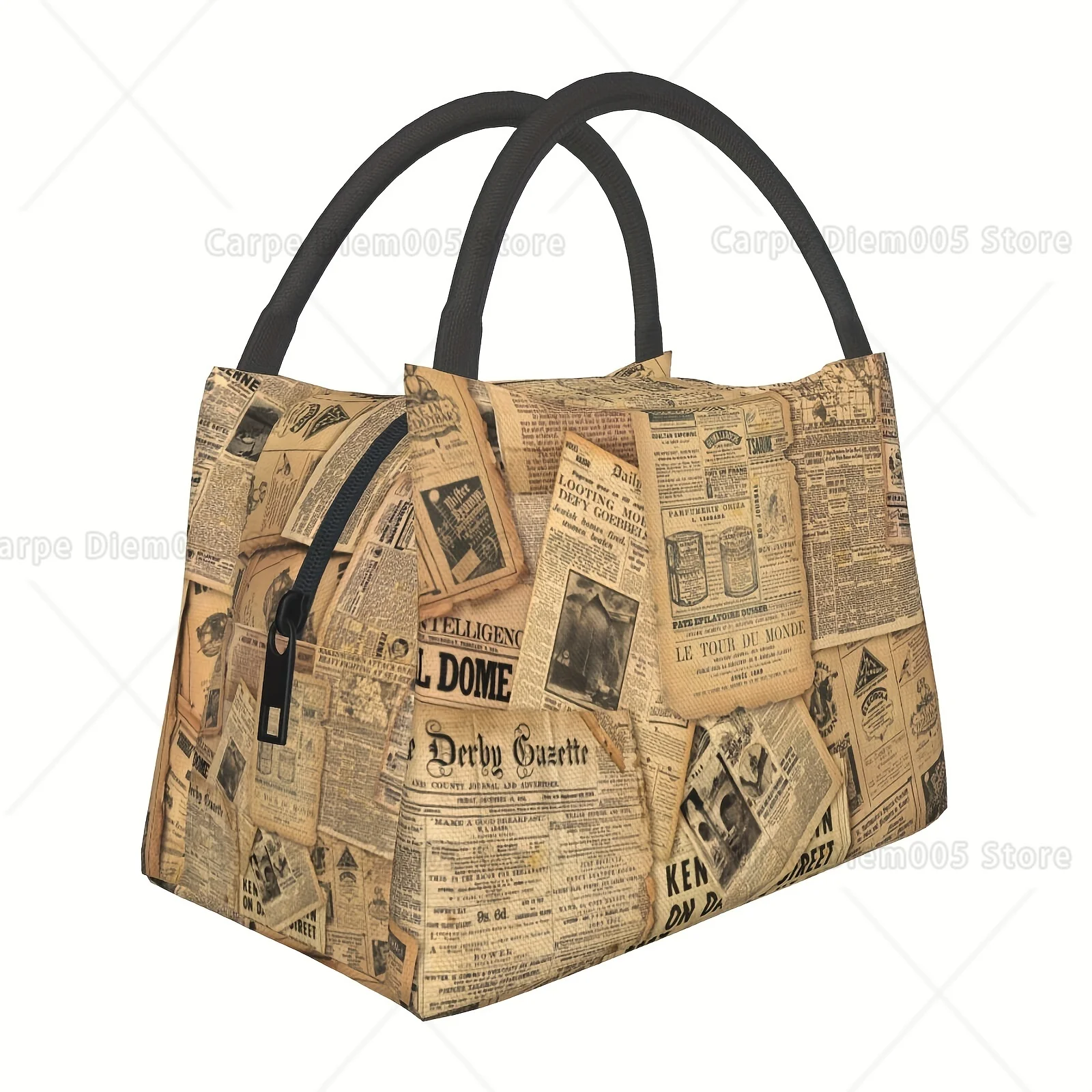 

Vintage Newspaper Print Insulated Lunch Bag Durable Polyester, Ideal for Camping, Picnics, Beaches Perfect Gift Back To School