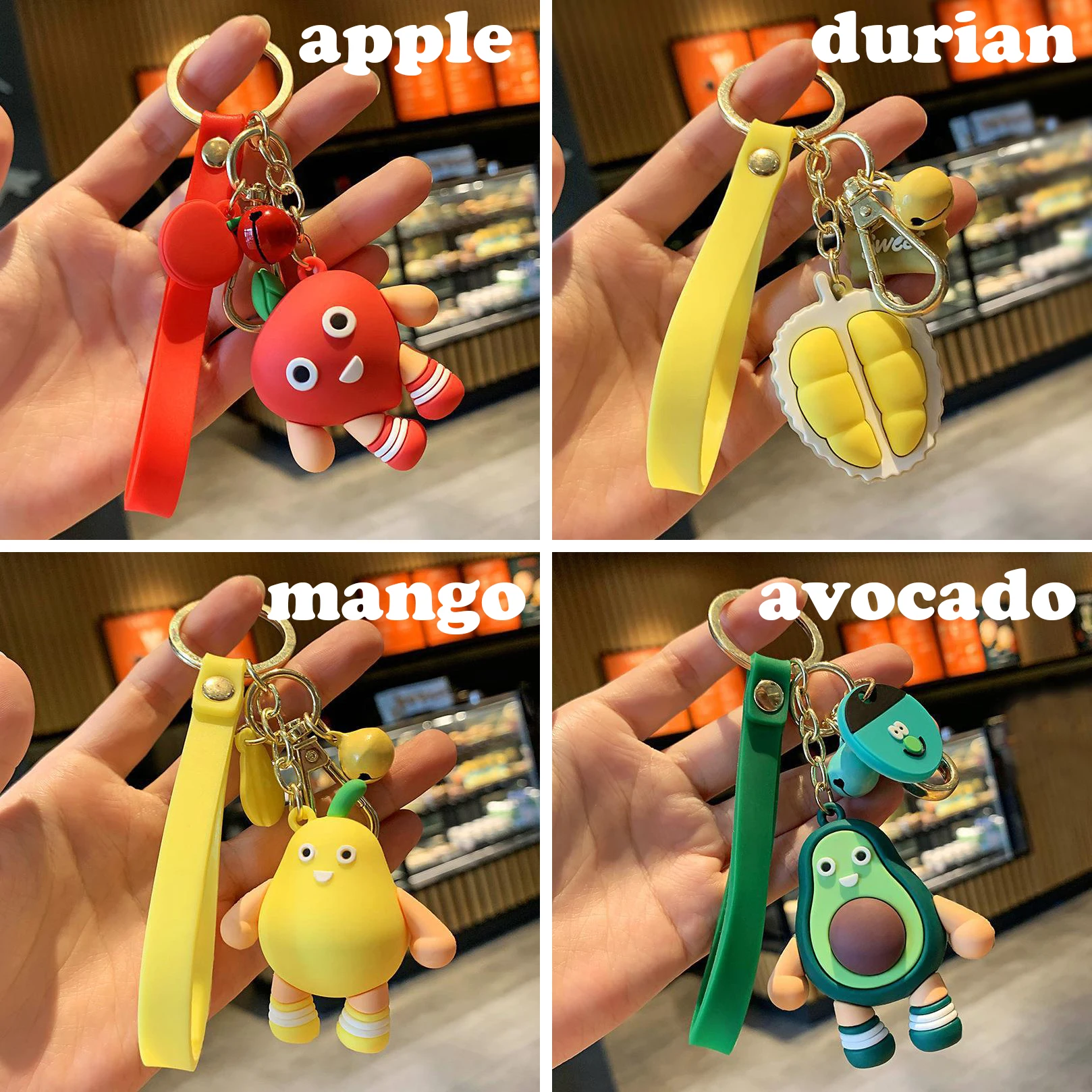 Playful Fruit Keychain Cute Cartoon Fruits Key Chain Women's Lovely Silicone Pendant Funny Keyring Durian Avocado Mango Apple