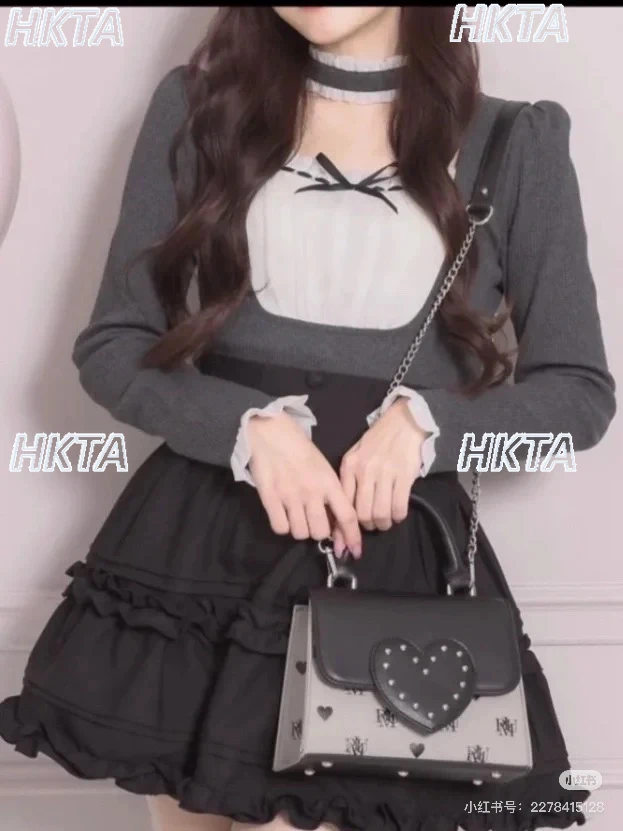 

Японская милая тонкая плиссированная черно-белая футболка с квадратным вырезом и длинными рукавами, женская универсальная футболка в стиле Лолиты контрастного цвета, женская