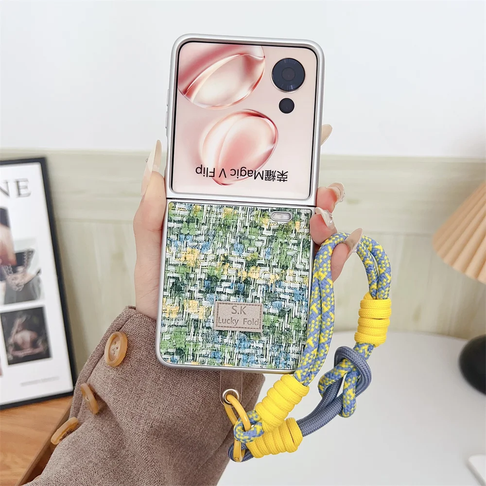 Colorful Woven Pattern Phone Case For Honor Magic V Flip PC Hard Shell Hand Strap Protective Back Cover