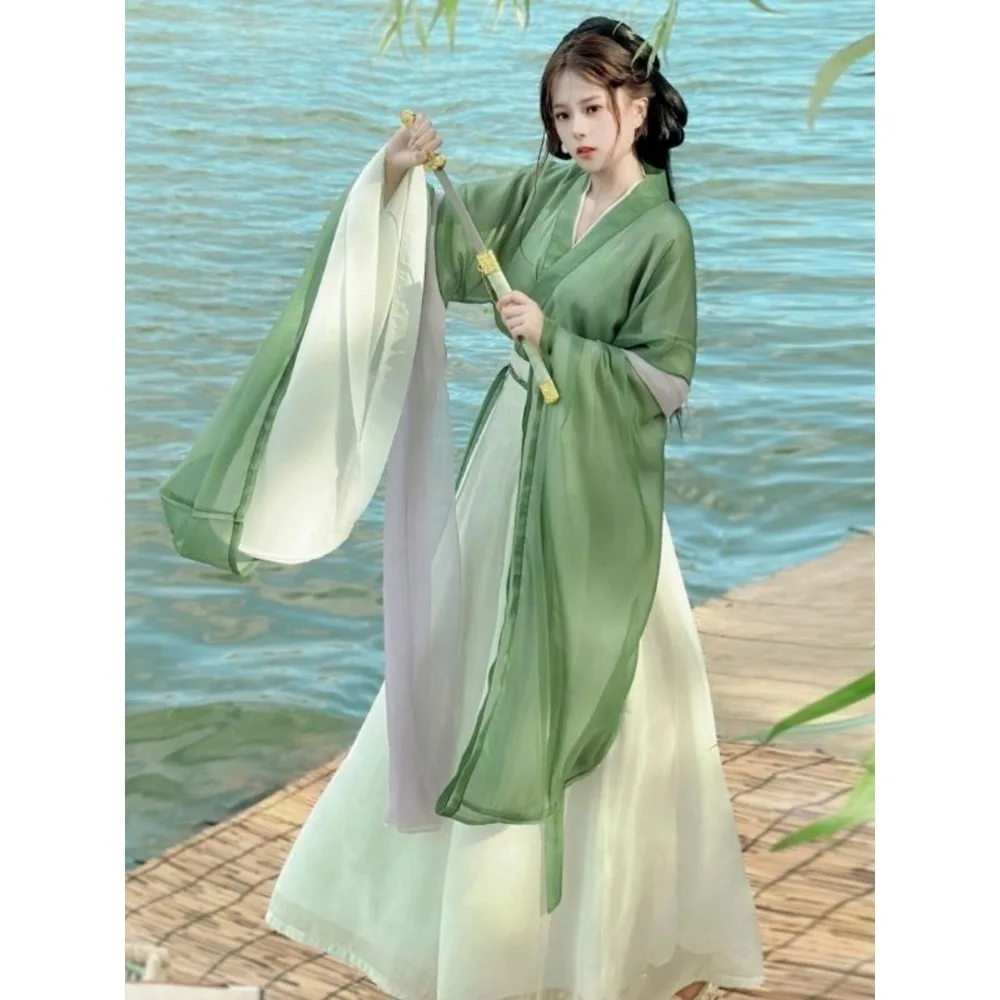 

Новое ханьфу Xianqi Jin-made, с широкими рукавами, воротником и юбкой до талии, состоящей из восьми частей, женская одежда для выступлений.