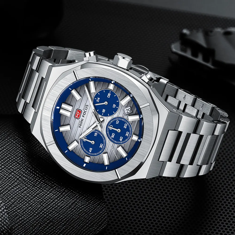 MINI FOCUS Mens Watches Fashion Casual Multifunction Quartz Watch with Luminous Hands Stainless Steel Band Chronograph Calendar