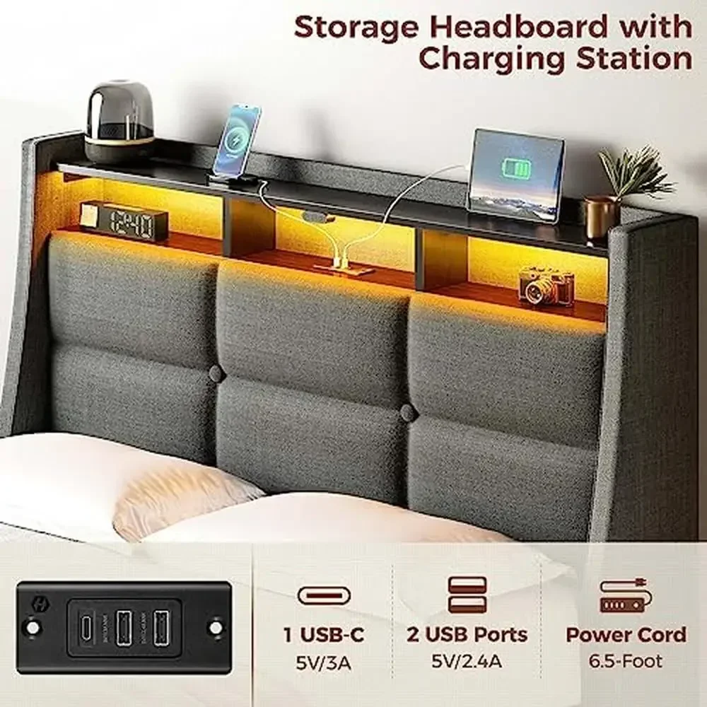 Estrutura de cama moderna de tamanho duplo com luzes LED Estação de carregamento Portas USB Tipo C Power Strip Gavetas deslizantes Prateleiras de armazenamento Linho