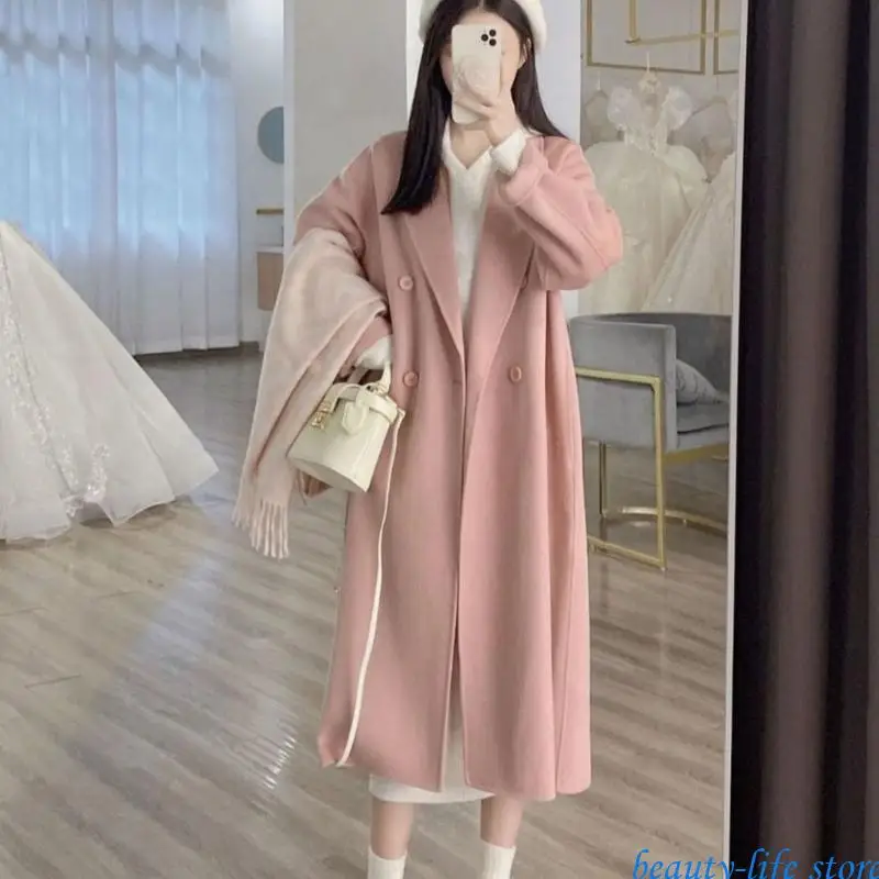 

Women Elegant Faux Wool Overcoat Lapel Double Breasted Long Jackte with Pockets 517D