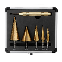 AEE6-5PCS Step Drill Bit Set, HSS Drill Bits, Automatic Center Punch, Shaped Split Tip, W/Aluminum Case, Step Bits For Metal