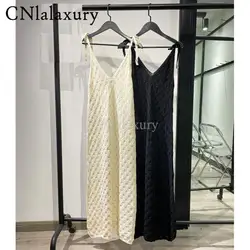 CNlalaxury Black Party Long Backless Hollow Dress Women 2023 Summer New Slim Midi French Bow Slip Dresses Femme Vestidos Mujer