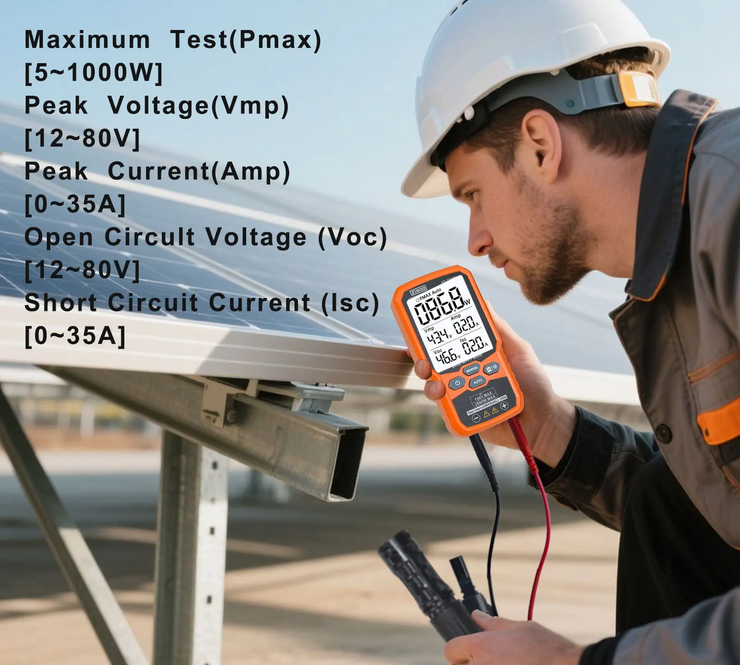 ZIBOO FT-2000W Solarpanel-Tester, MPPT-Messgerät, offener Stromkreis, Spannung und Kurzschluss, mit Hintergrundbeleuchtung und Datenspeicherung, FT-1000 W. – Detail 4