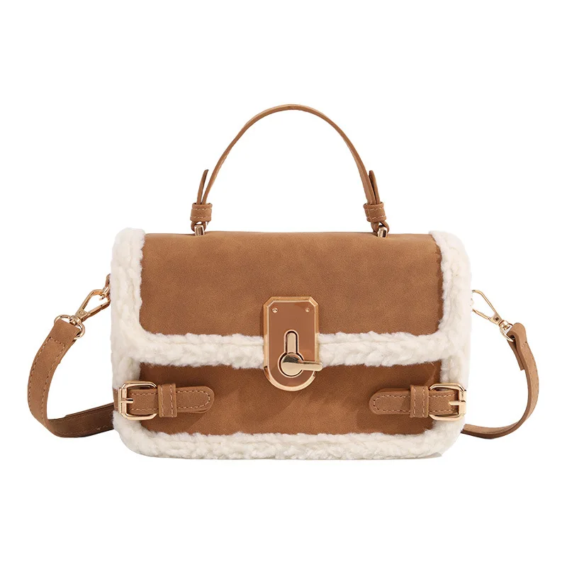 

2025 New Hundred Lamb's wool handbag niche design Hundred collision color senior crossbody bag splicing small square bags