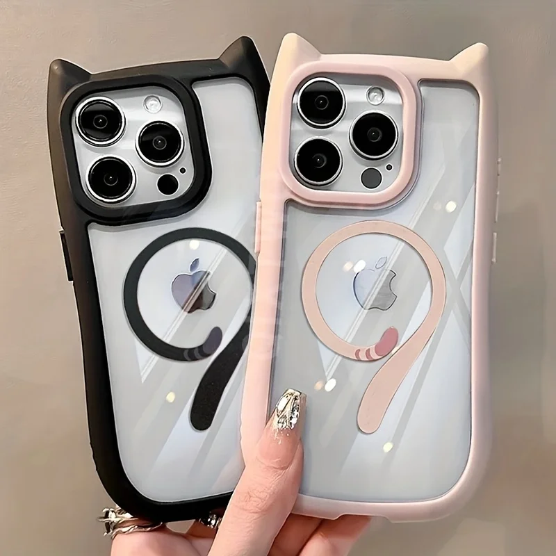 Image of Magnetische Saugnapf-Katzenschwanz-transparente, mattierte Hülle für iPhone 16 15 14 Plus 13 12 Mini 11 Pro Max, Anti-Fall-Abdeckung mit großem Loch