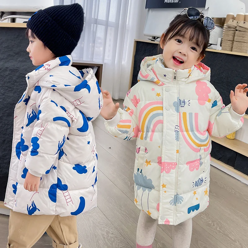 Boys Girls Winter Coats 2022 New Down Jackets Children Thick Long Parkas Warm Outerwear Kids Clothing Cartoon Print Baby Jackets