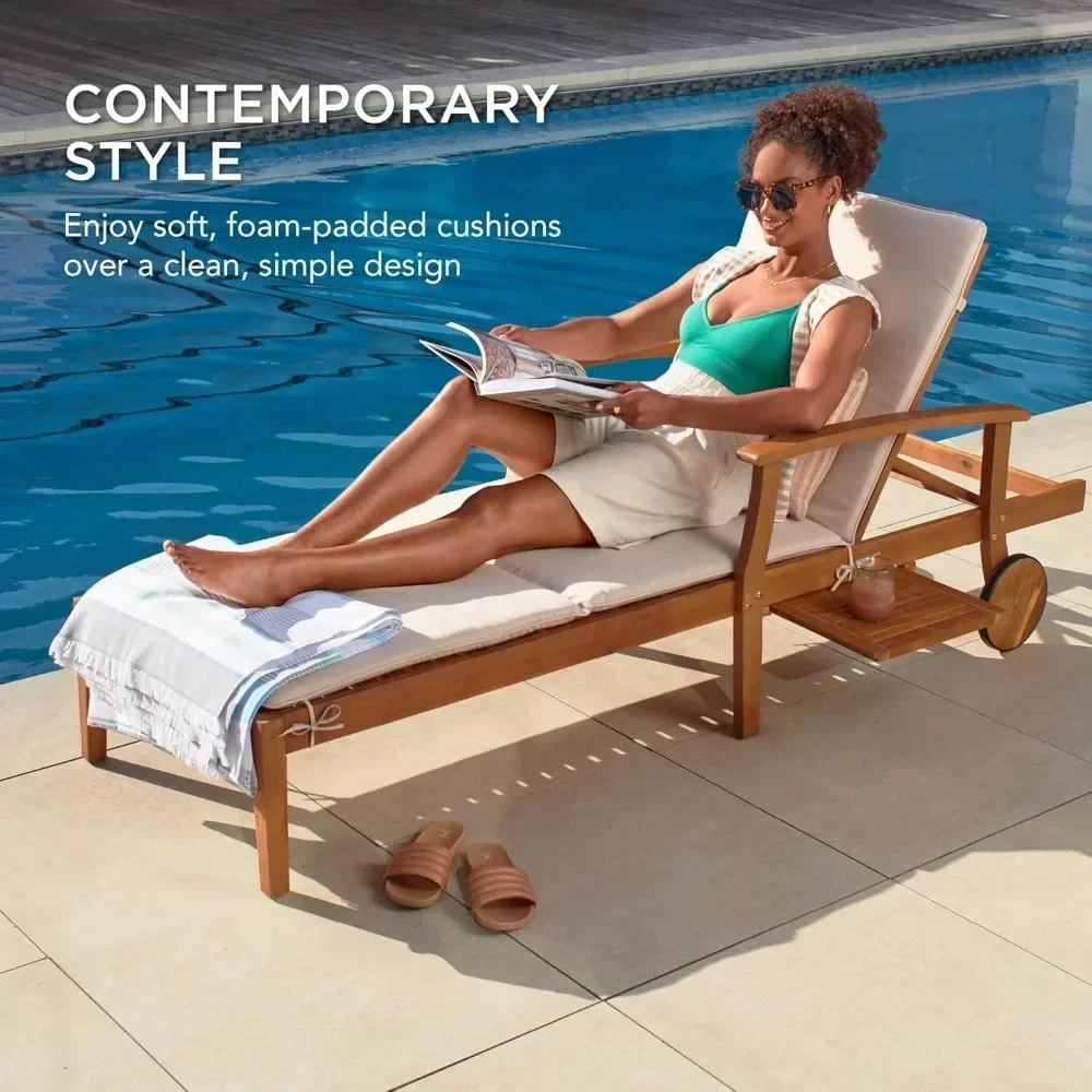 

Acacia Wood Chaise Lounge Chair Recliner, Outdoor Furniture for Patio, Poolside W/Slide-Out Side Table, Foam-Padded Cushion