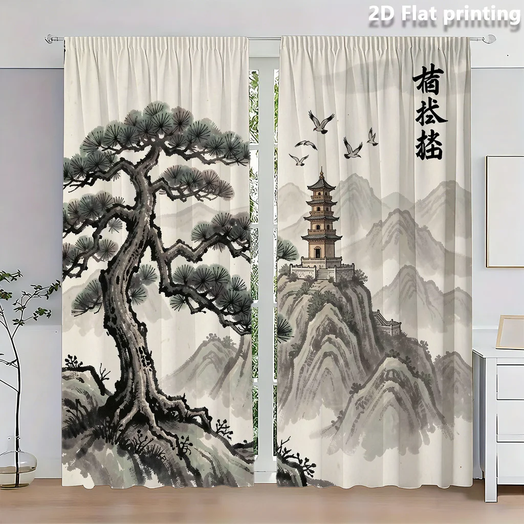 Chinese Ink Painting Curtain, Traditional Landscape Print Drape, Zen Pagoda Pine Tree Window Treatment for Living Room Bedroom