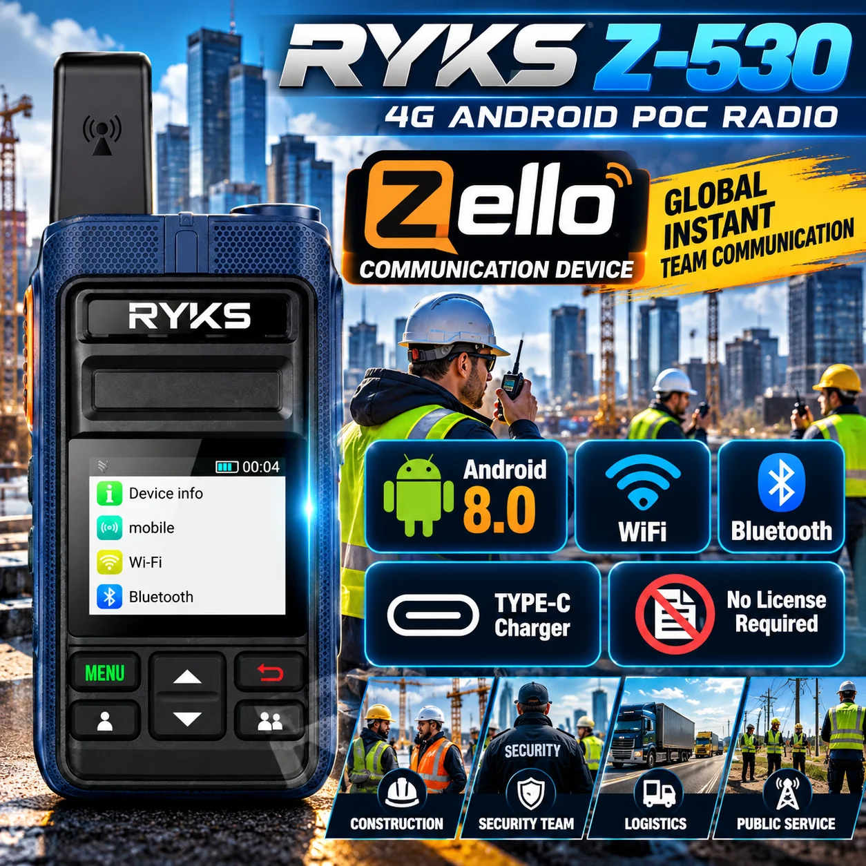 Zello POC Radio Android 8.0 4G LTE Walkie Talkie WiFi Bluetooth PTT No License Unlimited Distance Communication Two Way Radio