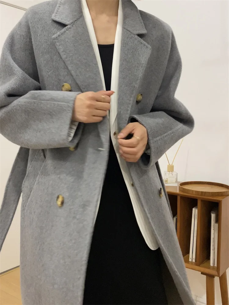 

New Simple Double-sided Cashmere Wool Coat Women Long Autumn Winter Loose Double-breasted Woolen Coat Tide Lace-up Tweed Jacket