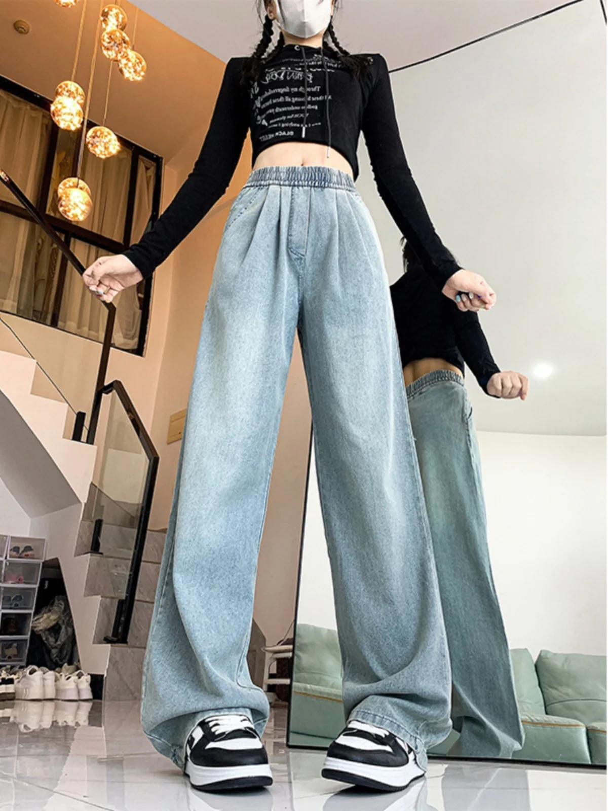 Dżinsy damskie z wysokim stanem, elastyczne, letnie, cienkie, luźne, wyszczuplające, z szerokimi nogawkami, wygodne, niebieskie dżinsy z wysokim stanem.