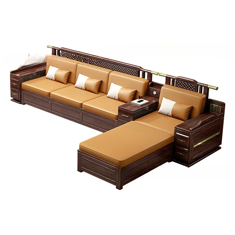 Ebony solid wood sofa Zen villa large living room winter and summer storage sofa