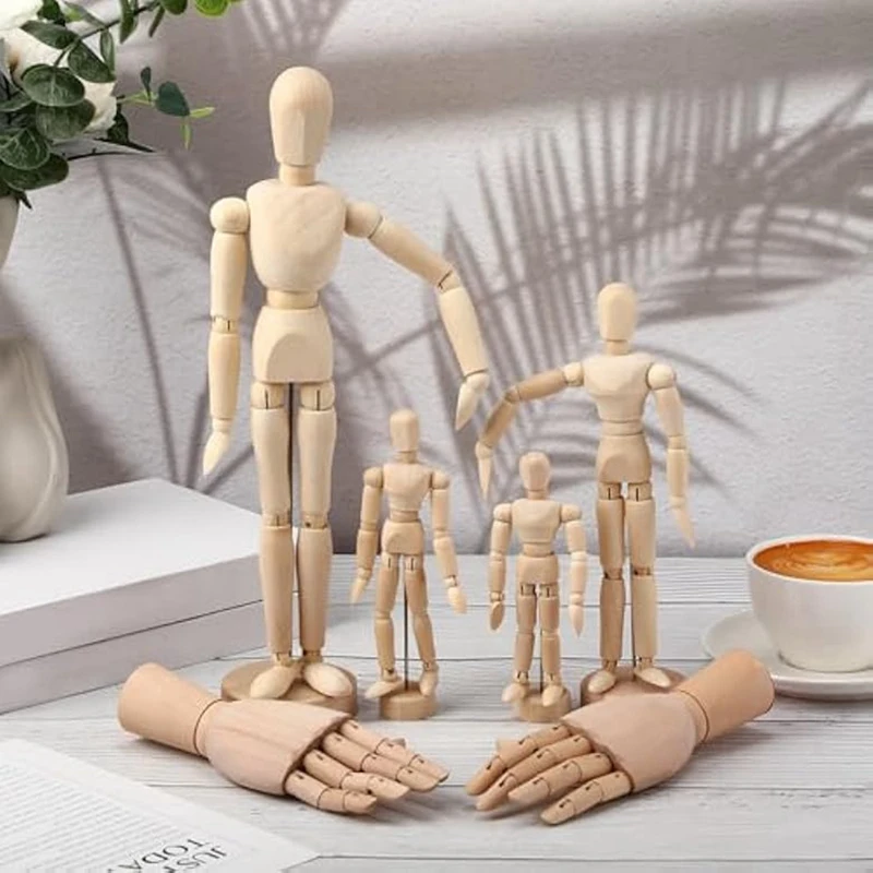 AS96-6Pack عارضة أزياء خشبية للفنان، 4.5/5.5/8/12 بوصة رسم نموذج لجسم نموذج اليد الخشبية 7 بوصة نموذج اليد اليسرى واليمنى