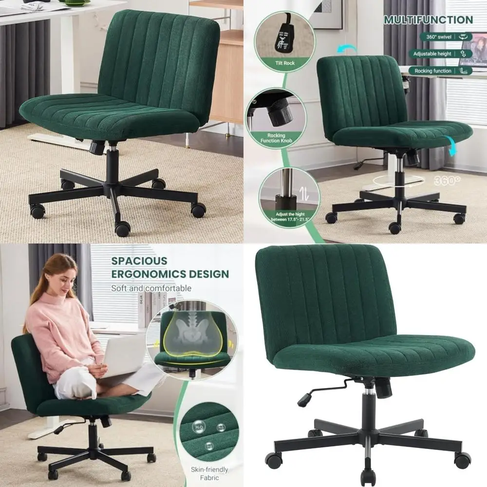 

Adjustable Swivel Desk Chair with Crisscross Seat, Wide Armless Design, and Dark Green Upholstery for Home Office Use