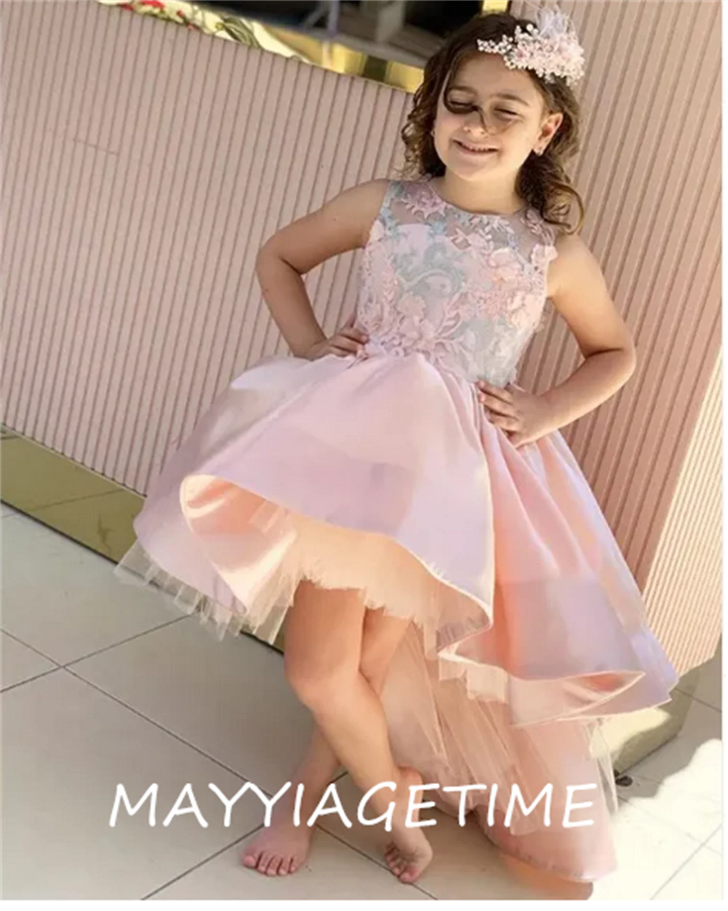 High Low Pink Flower Girls Dresses Kids Birthday Dresses Lace Satin Princess Party Gowns Photography