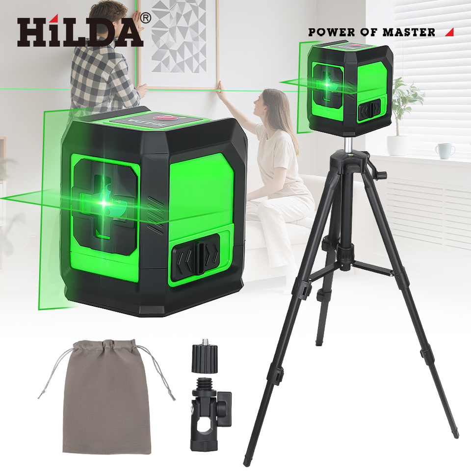 HILDA Laser Level 2 Lines Self Levelling Green Beams Laser Horizontal & Vertical Cross-Line with Triangle Bracket With Tripod