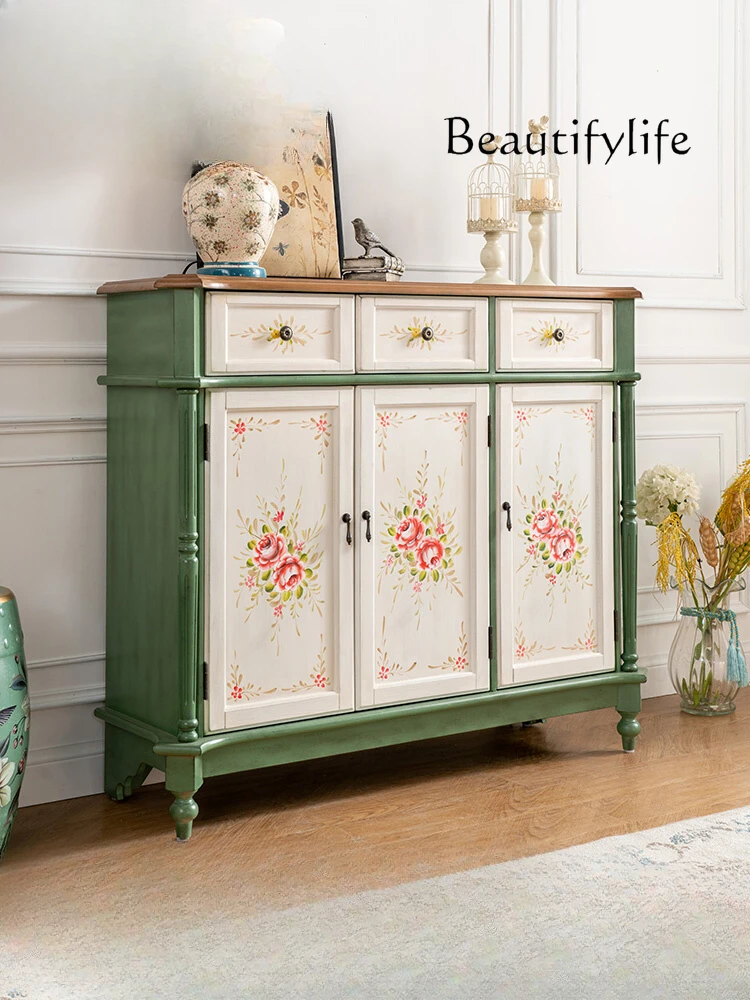 

American Country Painted Art Curio Cabinet Living Room Solid Wood Integrated Shoe Cabinet Wall Cabinet