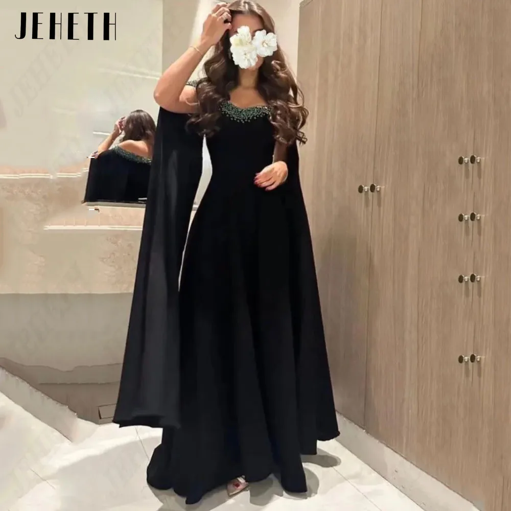 JEHETH Beaded Black Prom Dresses Satin With Jacket Sweetheart A-Line Floor-Length Saudi Arabia Elegant Party Dresses 2024