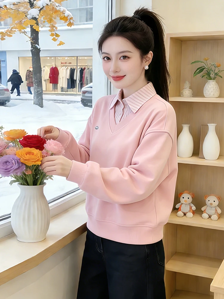 

High-End Spliced Color Blo Long Sve Hoodie Women's Loose Slimming Fake Two-Piece Top Spring Autumn Casual Comfortable