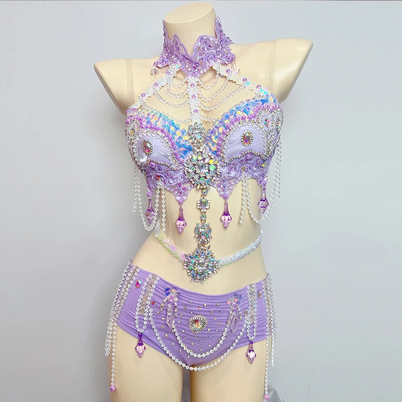 Purple Crystal Bikini Sexy Pole Dance Costume Clubwear Nightclub Gogo Dancer Performance Outfit Belly Dance Clothing