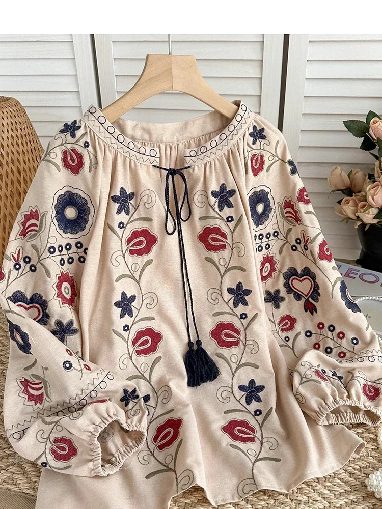 litmage Women Spring Autumn Blouse Ethnic Style Retro Literature Loose Embroidered Cotton Linen Pullover Shirt Casual Top A22