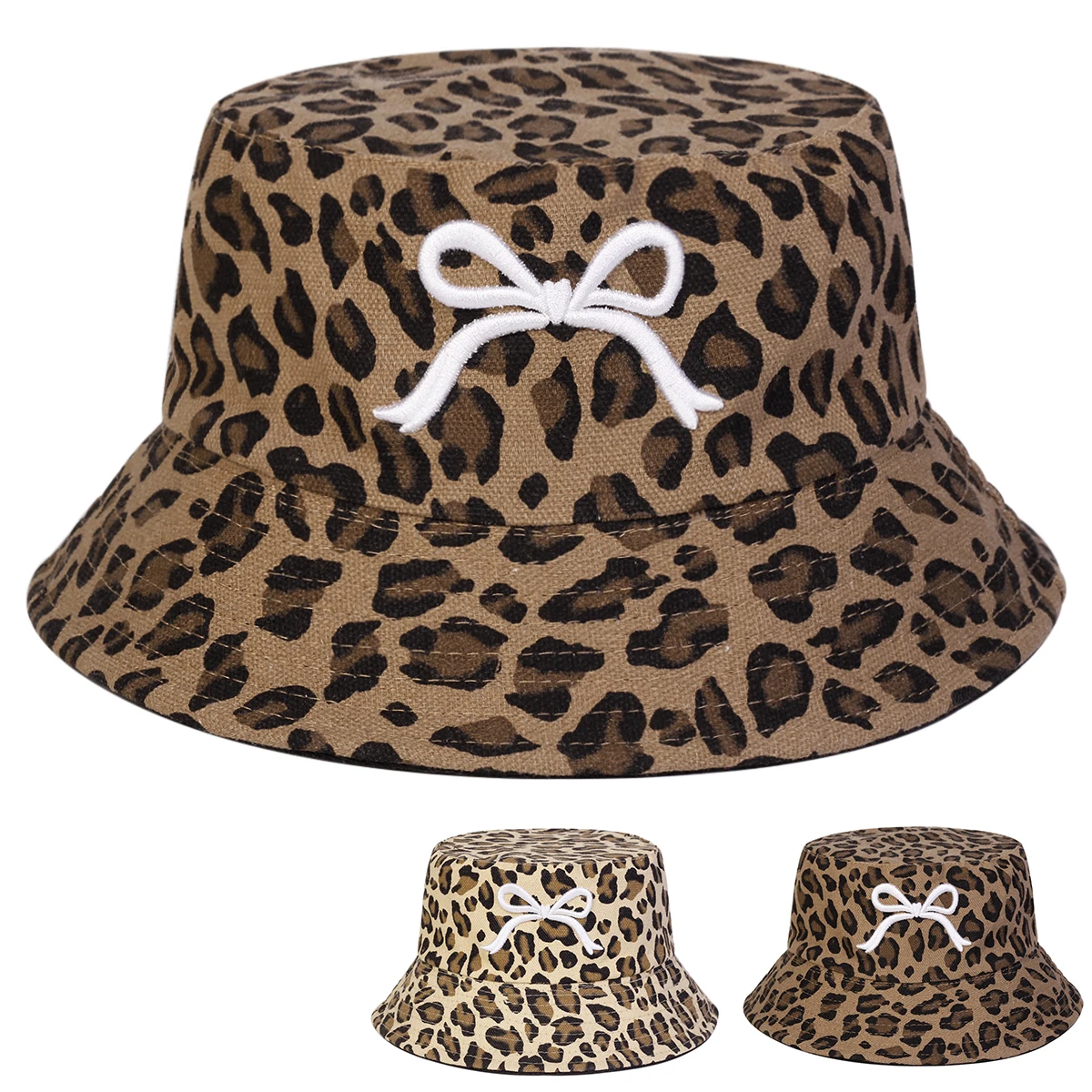 Unisex Bow Leopard Print Panama Fisherman Hat Outdoor Travel