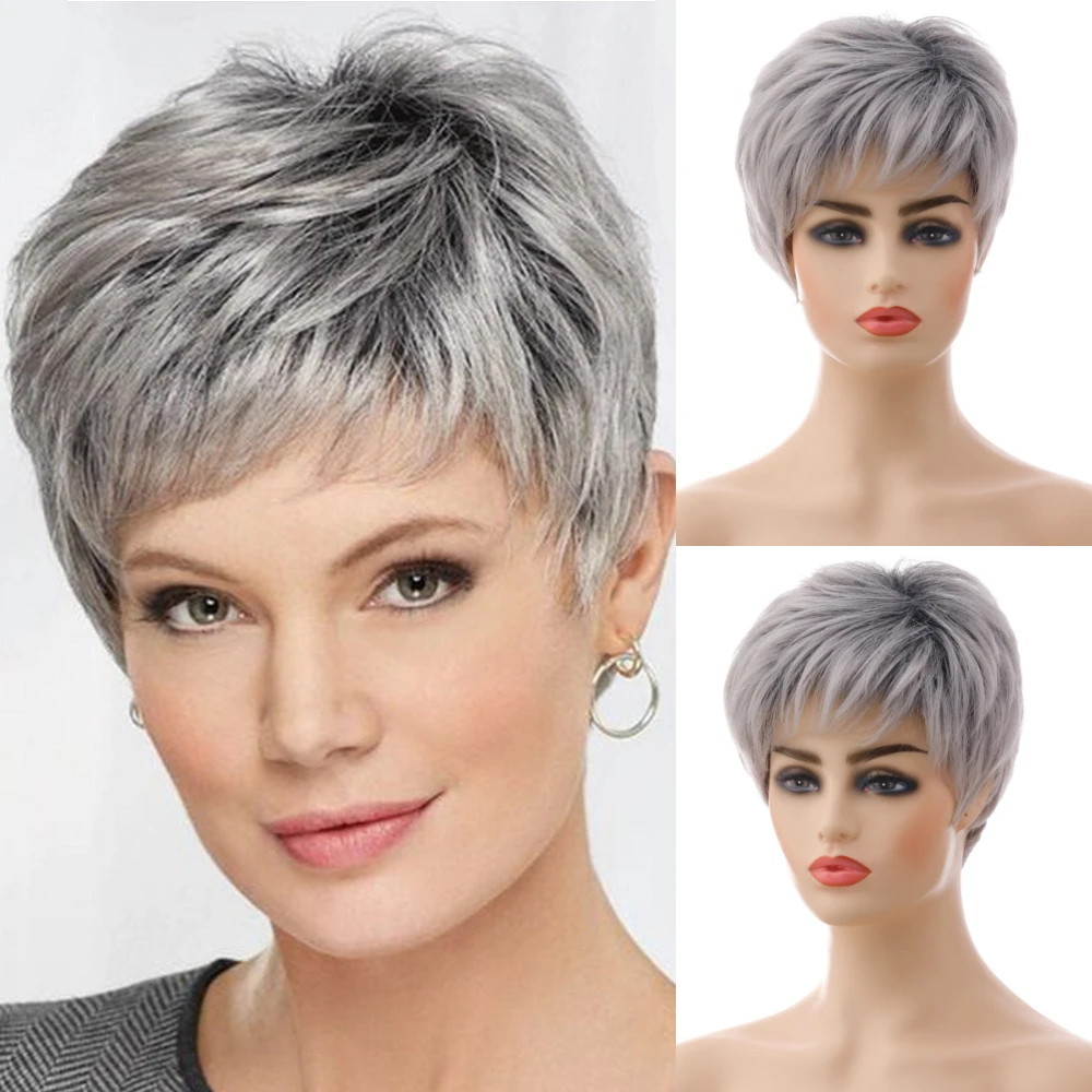 SHYRED Synthetic Hair Silver Grey Wigs Wavy Wigs for Women Short Wig With Side Swept Bangs Hair Natural Wigs Daily Use Cosplay