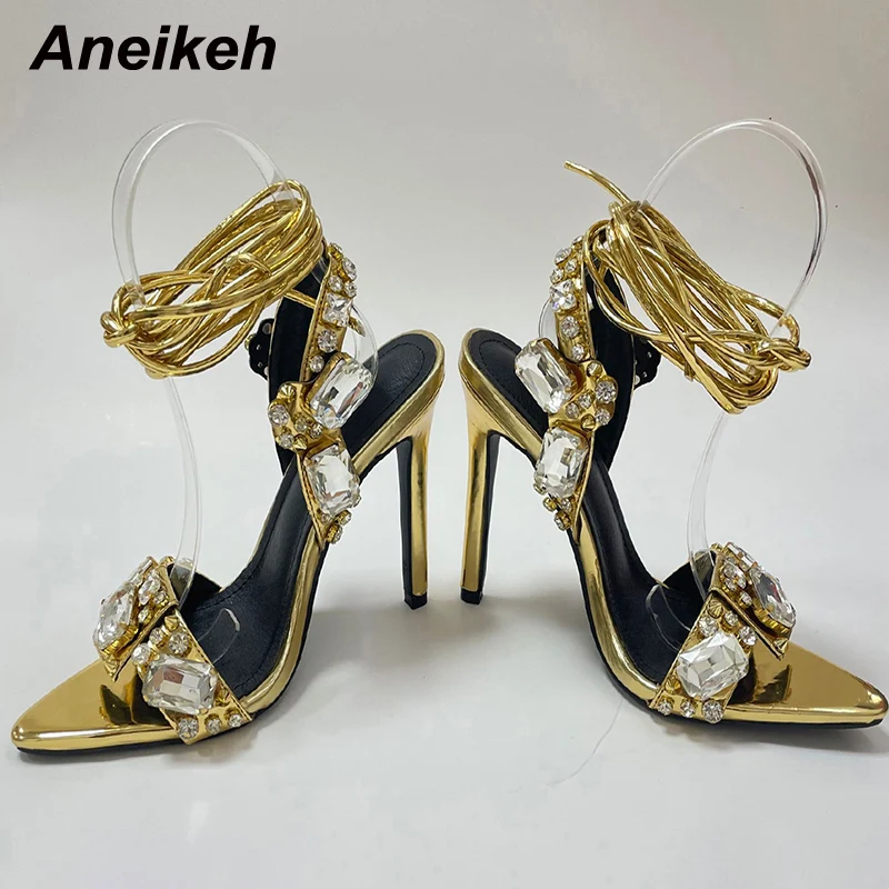 Aneikeh 2024 Summer Golden Sandals High Heels Women Diamond Bling Crystalpointed bandage Shoes Ankle Buckles Strap Sandals 35-42