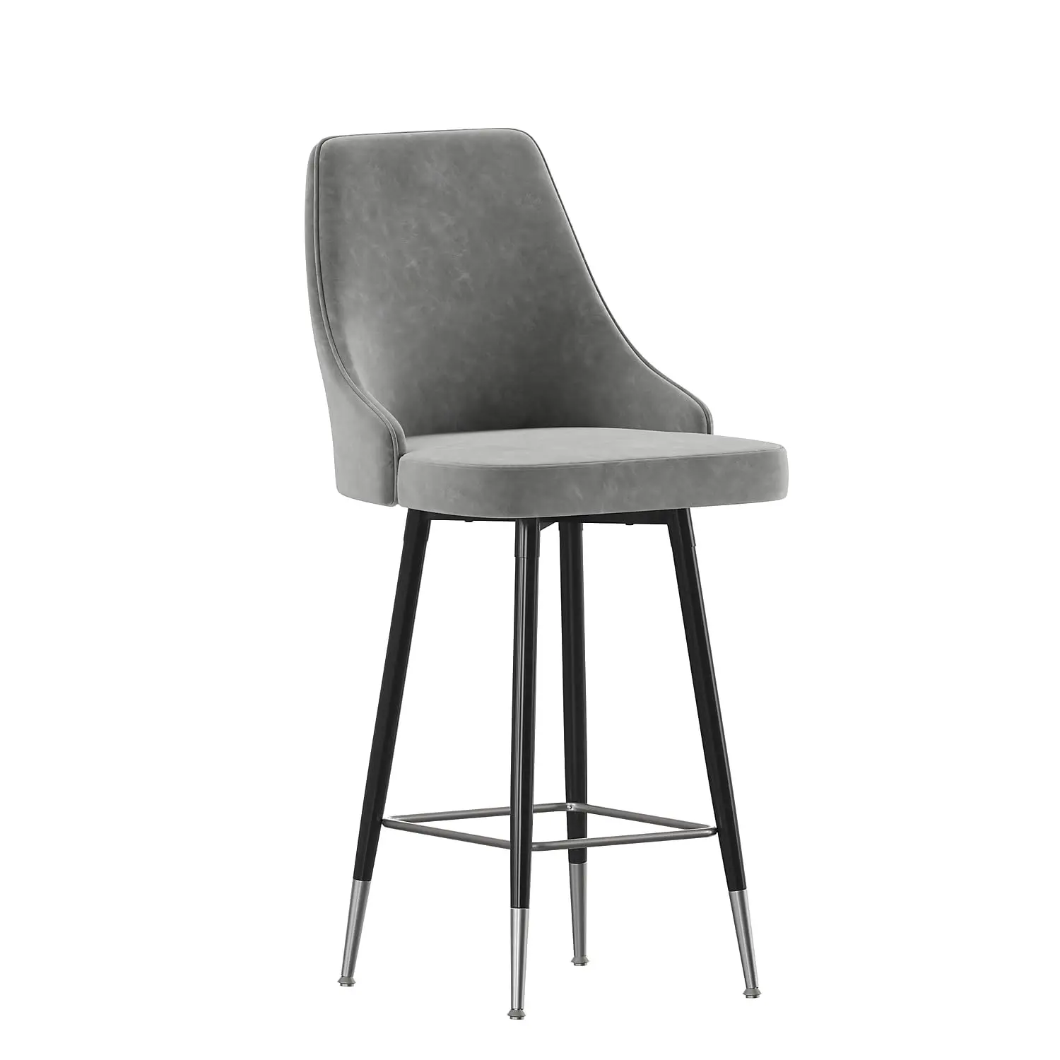 

Gray Velvet Bar Stool With Black Metal Legs And Chrome Tips, 30 Inch Height, Commercial Grade