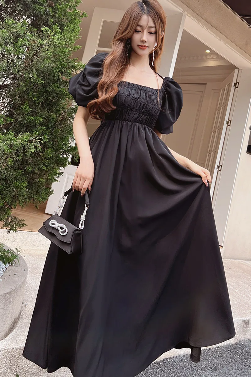 

Dabuwawa Solid Dress High Waist Slim Pleated Skirt lantern Sleeves Short Summer Vintage Women New DM1BDR209