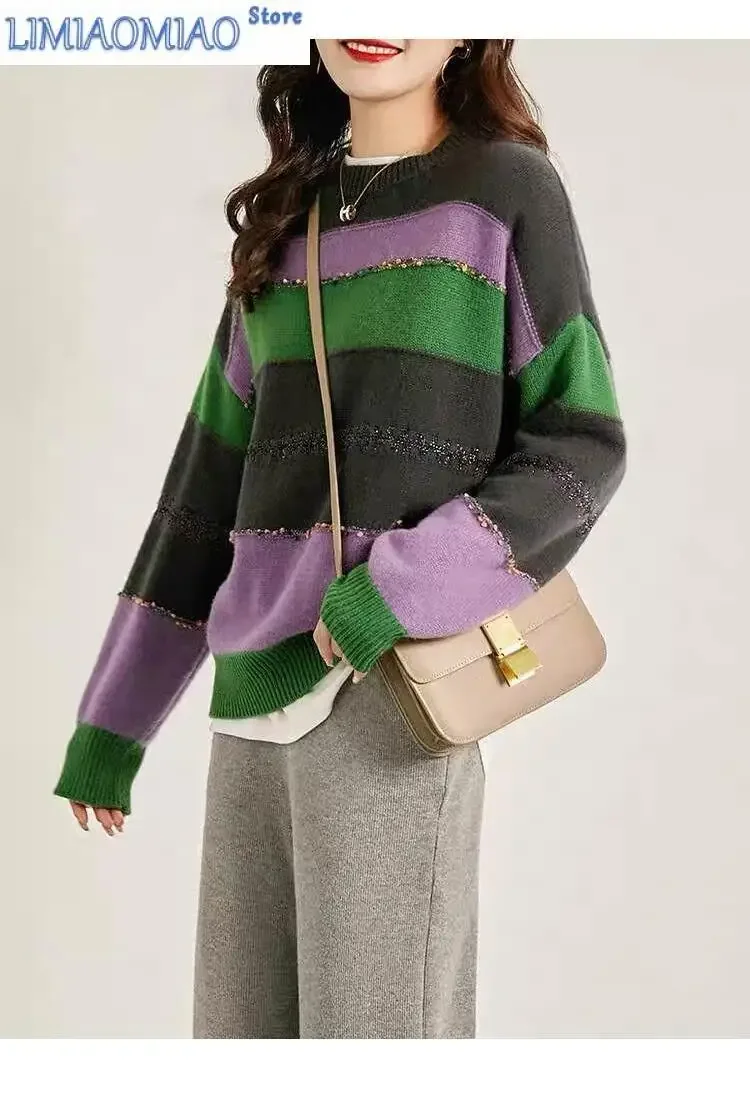 الخريف والشتاء الموضة النسخة الكورية تقسم الملونة مخطط الجولة الرقبة فضفاضة ومتعددة الاستخدامات المرأة الغربية محبوك سترة