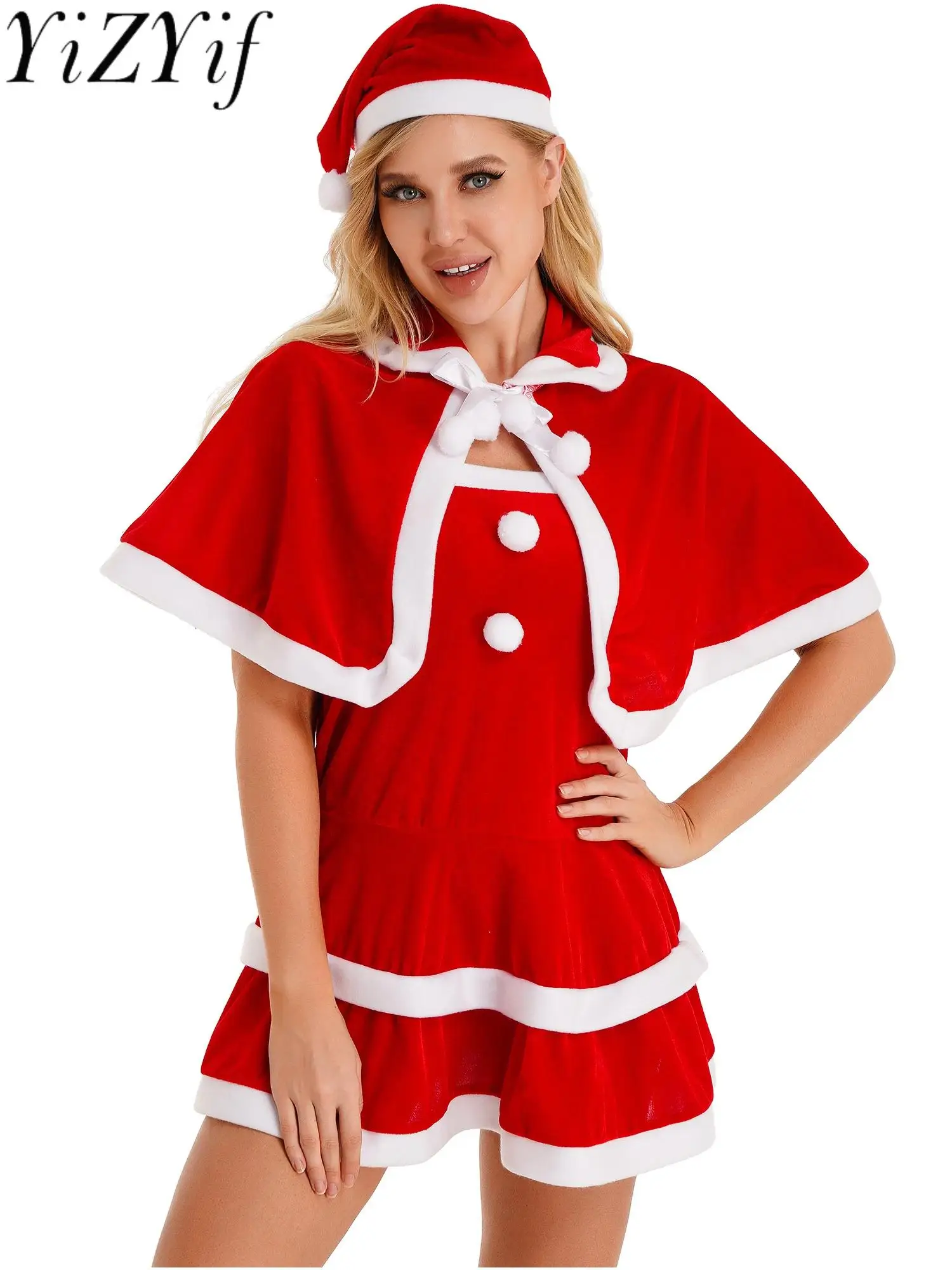 

Womens Christmas Mrs Santa Claus Costume Red Santa Cosplay Xmas Party Dress Uniform Set Red Velvet Dress Lace-up Cap with Hat