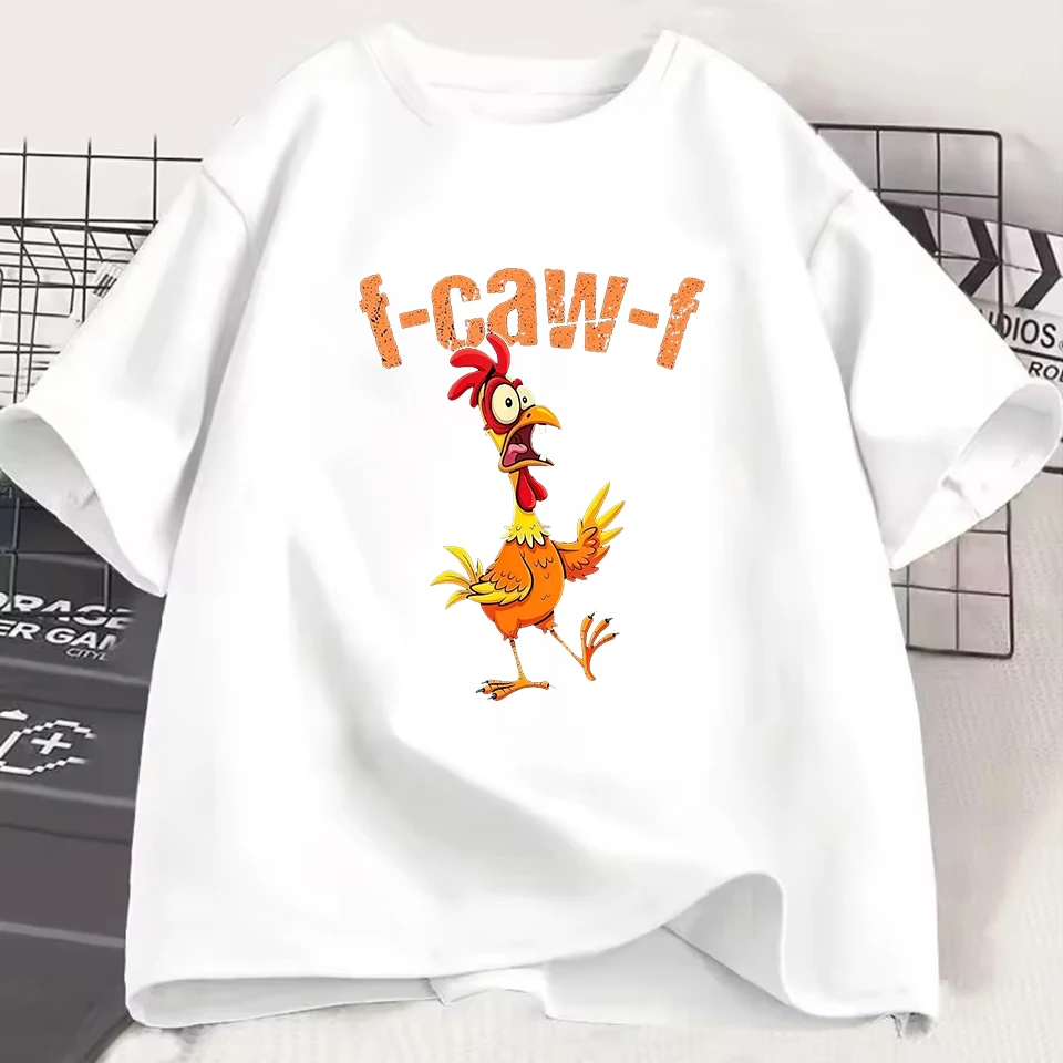 Men Women Funny Chicken I-Caw-I Graphic T-Shirt Casual Short Sleeve Round Neck Tee Cartoon Rooster Print Unisex Tee Harajuku Top