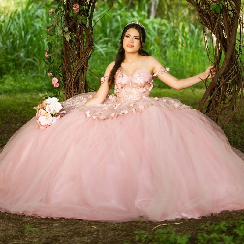 Женское розовое платье принцессы Quinceanera 2024 с открытыми плечами 3D Цветочные бусины Gillter блестки шнуровка корсет Vestidos 15 лет rosa