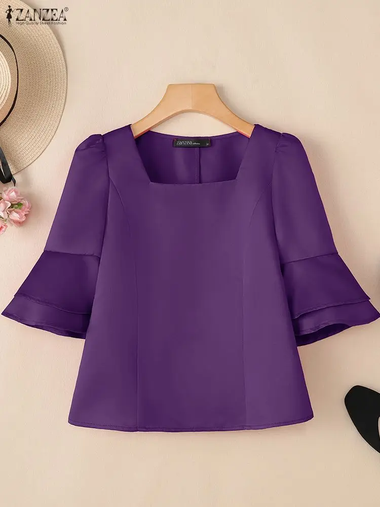 Frauen Satin Blusen Frühling 2026 Elegante Chic Square Neck Layered Ausgestellte Ärmel Solide Ausgestattet Taille Tops ZANZEA Frau Kleidung 3XL