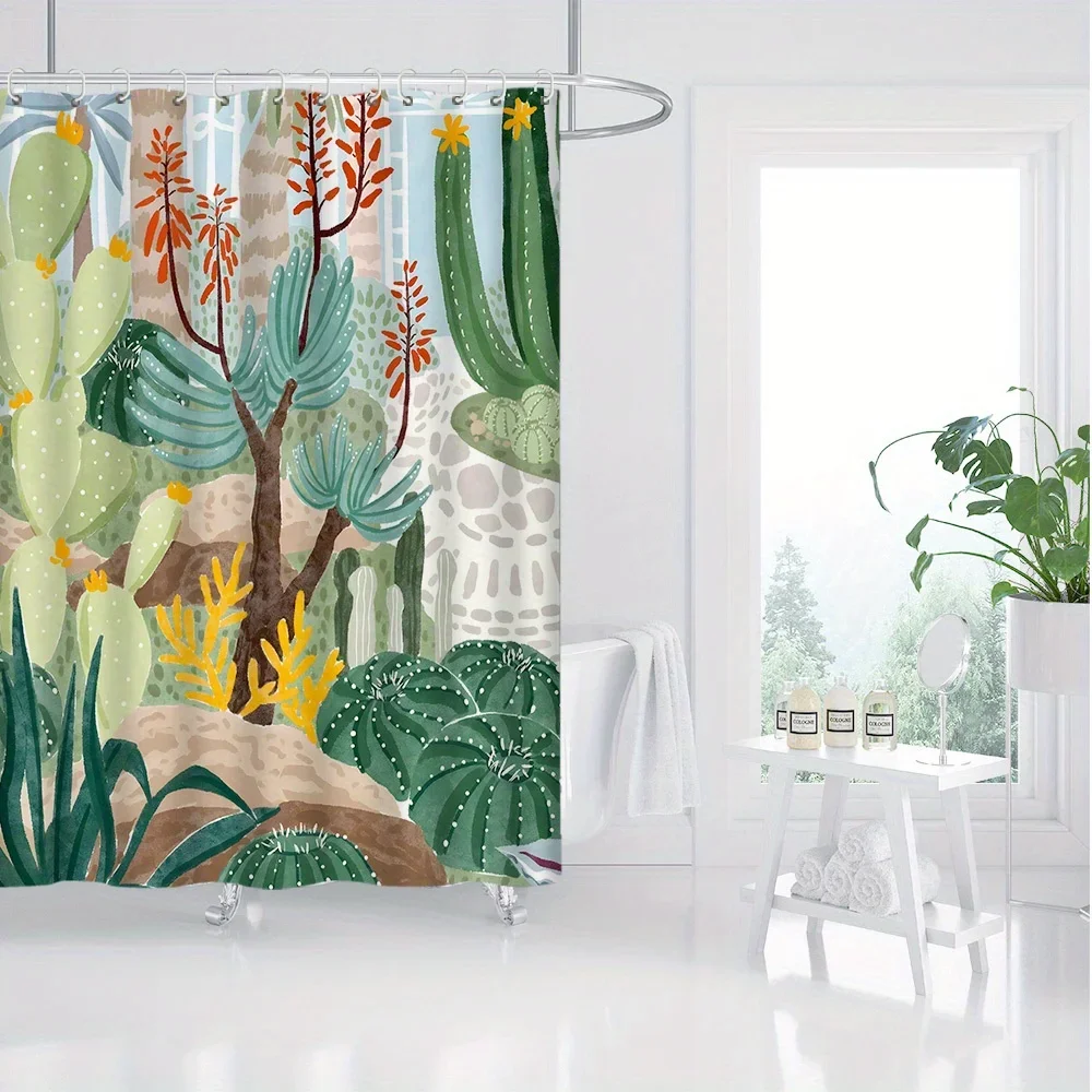 

~O~Vibrant Cactus & Desert Flora Shower Curtain - Waterproof Polyester, Machine Washable, Includes Hooks, Artistic Bath Decor