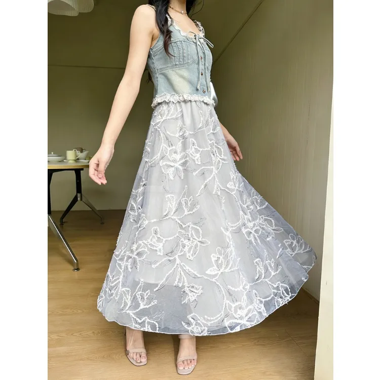 

Элегантная вышитая кружевная юбка А-силуэта миди с эффектом похудения, комбинированная, для женщин, летняя, весенняя, модная, в стиле феи