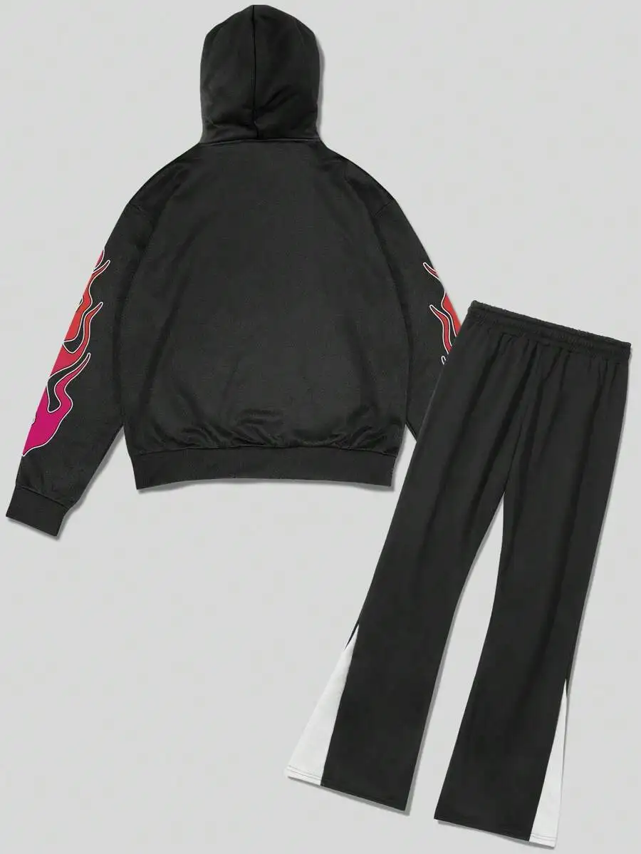 

Mens Flame Print Hoodie And Sweatpants Tracksuit Set