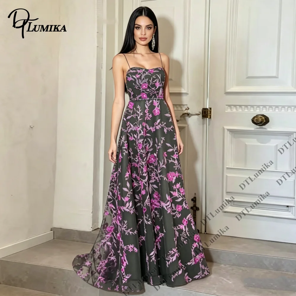 Robe de soirée florale DTLumika coupe trapèze pour femme, bretelles spaghetti, longue, idéale pour mariage, soirée, dîner caritatif, rendez-vous galant